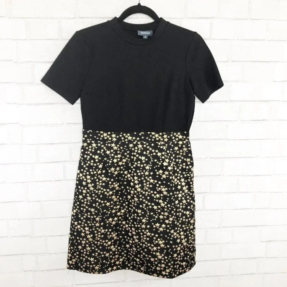 Modcloth Gold Metallic Star Print Color-block Dress Women's Size Medium